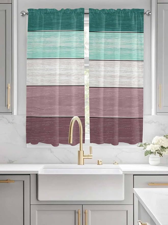 Retro Farm Woodcuts Texture Window Valance Curtains, Green Brown Gradient Light Filtering Kitchen Valance with 3-inch Rod Pocket for Living Room Bathroom Bedroom,2 Panel,42x63In