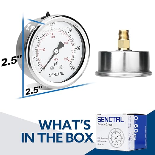 SENCTRL 0-60 Psi Glycerin Liquid Filled Low Pressure Gauge, 2.5" Dial Size, 1/4" NPT Back Mount, Stainless Steel Case, for Pool Sand Filter Pump Tire Water Oil Air Pressure Test