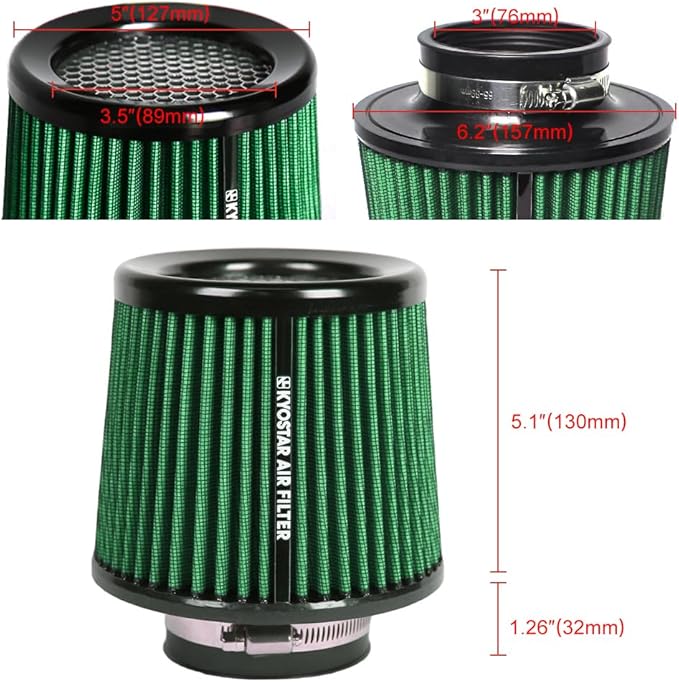 KYOSTAR Universal 3" (76mm) High-Flow Air Filter, Reusable Cone Cold Air Intake, High Performance, Washable, Clamp-On Car High Flow Dry Air Kit, Flange Diameter: 3 Inch, Filter Height: 6.4 Inch, Green