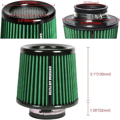 KYOSTAR Universal 3" (76mm) High-Flow Air Filter, Reusable Cone Cold Air Intake, High Performance, Washable, Clamp-On Car High Flow Dry Air Kit, Flange Diameter: 3 Inch, Filter Height: 6.4 Inch, Green