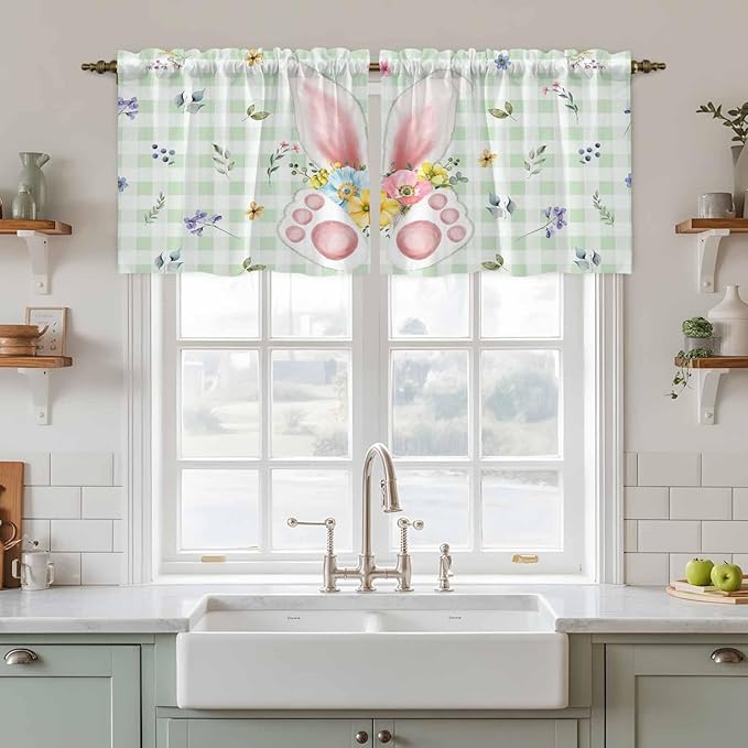 Easter Kitchen Tier Curtains 36 Inch Long 2 Panel Set,Rod Pocket Half Window Curtains Over Sink,Spring Bunny Ears Feet Flowers Green Plaid Light Filtering Short Drapes for Bathroom Cafe 27.5"W x 36"L