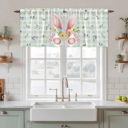 Easter Kitchen Tier Curtains 36 Inch Long 2 Panel Set,Rod Pocket Half Window Curtains Over Sink,Spring Bunny Ears Feet Flowers Green Plaid Light Filtering Short Drapes for Bathroom Cafe 27.5"W x 36"L