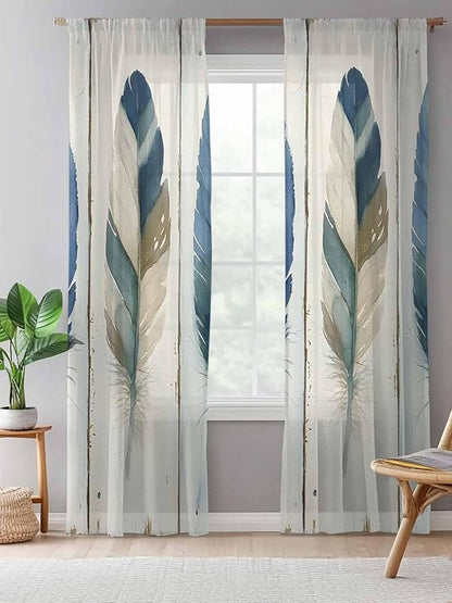 Sheer Curtains 108 Inches Long, Boho Blue Feathers Semi Sheer Curtains Light Filtering Window Treatment, Farmhouse Vintage Wooden Grain Privacy Voile Drapes for Living Room Bedroom 52x108 Inch
