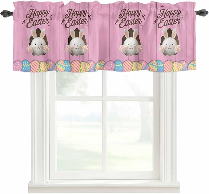 Pink Easter Curtain Valances for Windows, Kitchen Valance Window Treatment, Easter Bunny Eggs Spring Cartoon Farmhouse Wood Grain Light Filter Block Curtains for Bathroom/Bedroom/Living Room 42''x18''