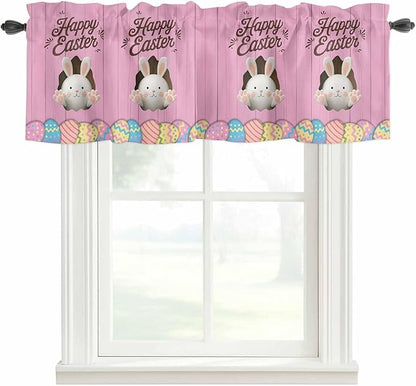 Pink Easter Curtain Valances for Windows, Kitchen Valance Window Treatment, Easter Bunny Eggs Spring Cartoon Farmhouse Wood Grain Light Filter Block Curtains for Bathroom/Bedroom/Living Room 42''x18''