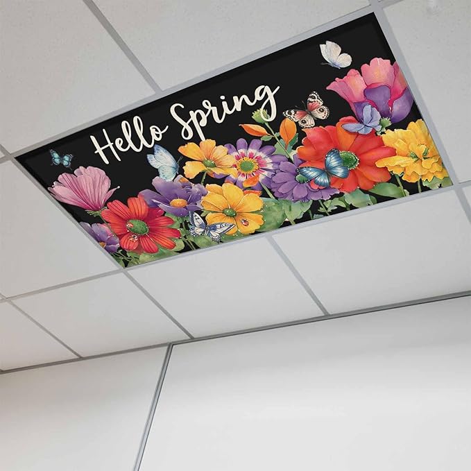 Fluorescent Light Covers for Ceiling Lights Hello Spring Magnetic Light Filters 1 Pack 4x2 ft Butterfly Colorful Spring Floral Ceiling Lights Cover for Classroom Office School Home Drop Lamp Decor