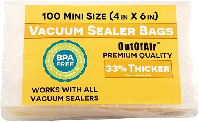 OutOfAir 100 Vacuum Sealer Bags: 4" x 6" Pre Cut Bags - Works with FoodSaver & Other Machines - 33% Thicker BPA Free, 4 Mil Commercial Grade, 4 x 6 inches