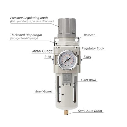 Air Compressor Water Separator Filter 3/4" NPT 0-150 PSI,Compressed Filter Regulator Combo,Poly Bowl,Semi-Auto Drain