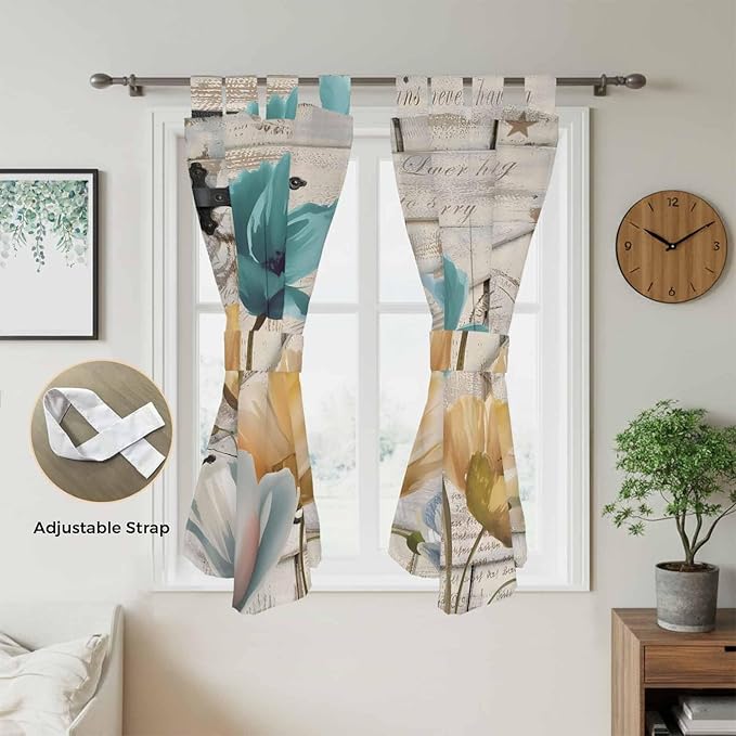 Watercolor Flowers Bedroom Curtains 72 Inch Length, Window Curtains Tab Top, Vintage Tulips Floral Barn Doors Wood Grain Light Filtering Window Treatments Drapes 52"x72" 2 Panel