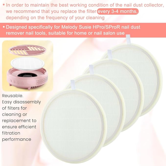 4 Pack Nail Dust Collector Replacement Filter for MelodySusie HPro/SProR Nail Dust Collector, Reusable Dusts Collector Filter for Nails Machine Manicure Tools Salon Home Use