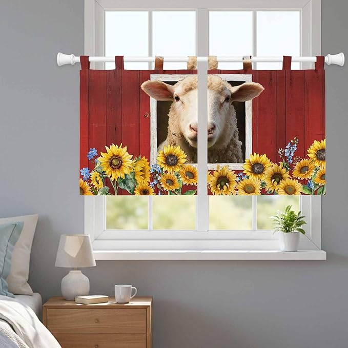 Sheep Sunflower Kitchen Curtains 24 Inch Length, Small Window Curtains Tab Top, Country Red Farm Barn Spring Flowers Light Filtering Short Window Treatments Tier Drapes 27.5"x24" 2 Panel