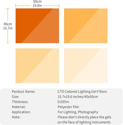 Meking 16x20 inches Lighting Gels CTO Photo Lights Gel Filters Transparent Color Correction Light Sheets for Photography Red Head Strobe Flashlight (Orange)