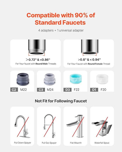 VEVOR Faucet Mount Water Filter, Horizontal Water Purifier for Sink Tap, Carbon Fiber Filters, Removes Chlorine Lead with 1 Filter, Fits Most Kitchen or Bathroom Faucets, White