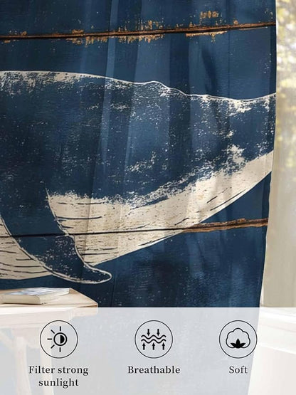 Sheer Curtains 72 Inches Long, Summer Whale Blue Semi Sheer Curtains Light Filtering Window Treatment, Coastal Ocean Vintage Wooden Grain Privacy Voile Drapes for Living Room Bedroom 52x72 Inch