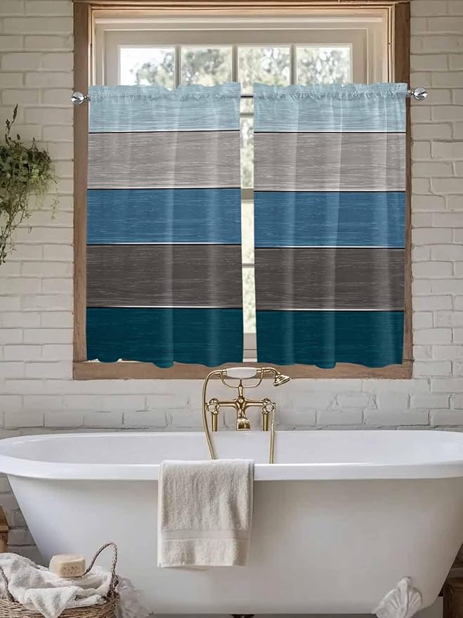 Retro Farm Blue Gray Wood Grain Window Valance Curtains, Rustic Wooden Plank Light Filtering Kitchen Valance with 3-inch Rod Pocket for Living Room Bathroom Bedroom,2 Panel,27.5x45In