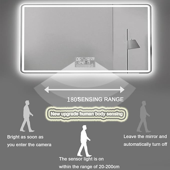 Smart Lighted Bathroom Mirror for Wall，Illuminated LED Bathroom Mirror，Lighted Bathroom Makeup，Waterproof，Shatterproof，with Touch Sensor/Dimming/Demister pad(H70*W90cm/H27.6*W35.4IN)