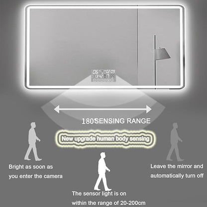 Smart Lighted Bathroom Mirror for Wall，Illuminated LED Bathroom Mirror，Lighted Bathroom Makeup，Waterproof，Shatterproof，with Touch Sensor/Dimming/Demister pad(H70*W90cm/H27.6*W35.4IN)