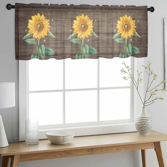 Summer Sunflower Sheer Valance Curtains, Yellow Floral Plants Bees Brown Wood Grain Light Filtering Kitchen Valances Rod Pocket Voile Curtain Window Treatment for Bedroom/Living Room/Basement 42Wx18L