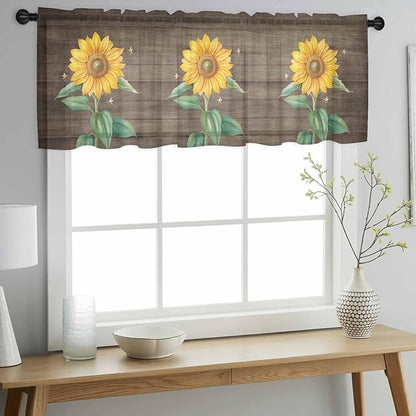 Summer Sunflower Sheer Valance Curtains, Yellow Floral Plants Bees Brown Wood Grain Light Filtering Kitchen Valances Rod Pocket Voile Curtain Window Treatment for Bedroom/Living Room/Basement 54Wx18L