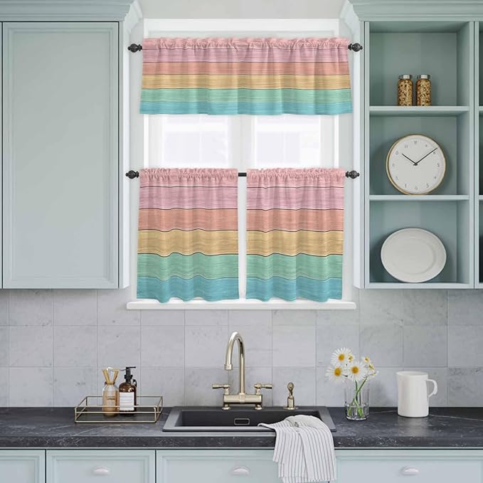 Kitchen Window Curtains Valance and Tier Set, Farm Colorful Wooden Plank Rod Pocket Tier Curtain Valance Set, Rustic Wood Grain Barn Light Filtering Cafe Curtains for Bedroom Living Room
