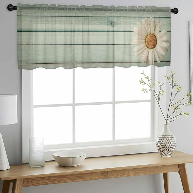 Daisy Flower Sheer Valances for Windows 60"x18", Light Filtering Kitchen Curtains Valance, Modern Art Floral Farmhouse Teal Wooden Grain Rod Pocket Chiffon Curtains for Living Room Bedroom Cafe