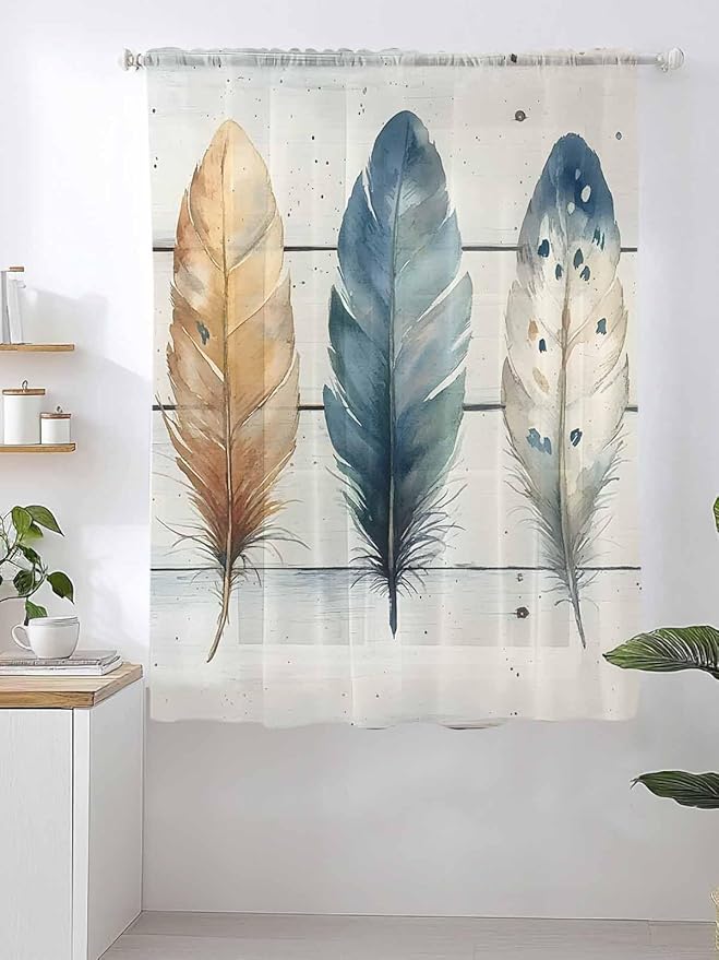Sheer Curtains 63 Inch Length, Boho Blue Feathers Semi Sheer Curtains Light Filtering Window Treatment, Country Vintage Wooden Grain Privacy Voile Drapes for Living Room Bedroom 52x63 Inch