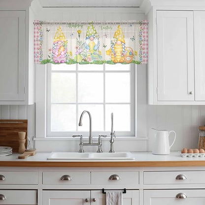 Easter Sheer Valances for Windows 60"x18", Light Filtering Kitchen Curtains Valance, Country Gnomes Duck Floral Eggs Pink Buffalo Check Rod Pocket Chiffon Curtains for Living Room Bedroom Cafe
