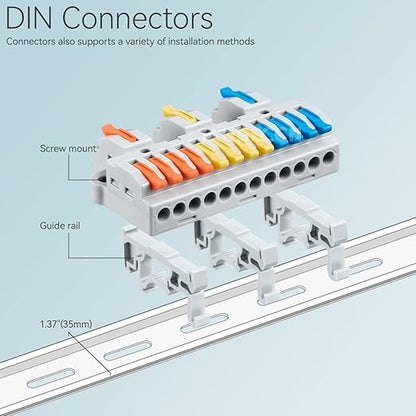 4pcs DIN Rail Terminal Blocks, DIY Splicing Wire Connectors for Circuit Inline 28-12AWG (3 in 12 Out)