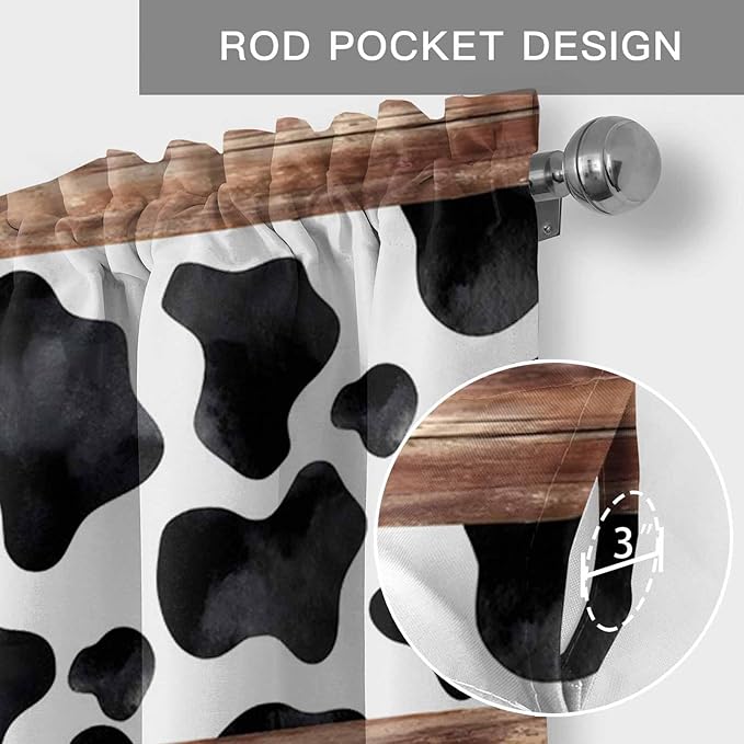 Cow Printed Curtain Valances for Windows, Kitchen Valance Window Treatment, Farmhouse Watercolor Country Wooden Grain Light Filtering Block Curtains for Bathroom/Bedroom/Living Room 54'' x 18''