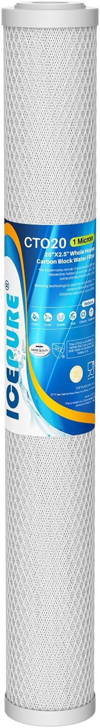 ICEPURE 1 Micron 20" x 2.5" Whole House CTO Carbon Sediment Water Filter Cartridge Compatible with C1-20, EP-20, HX-CB-25-2010, F3WCB32, Pack of 1