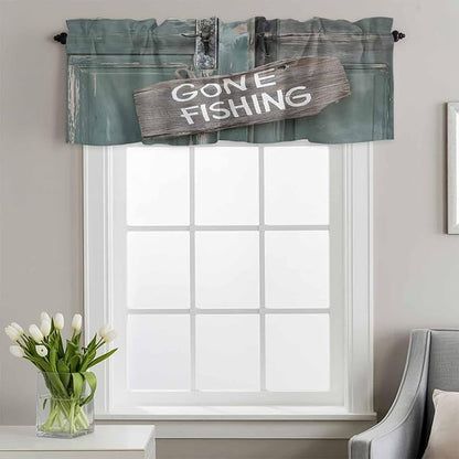Gone Fishing Valances for Windows, Bronze Wood Grain Kitchen Valance Light Filtering Rod Pocket Short Curtains for Kitchen Bathroom, 1 Panel, 56"x16"