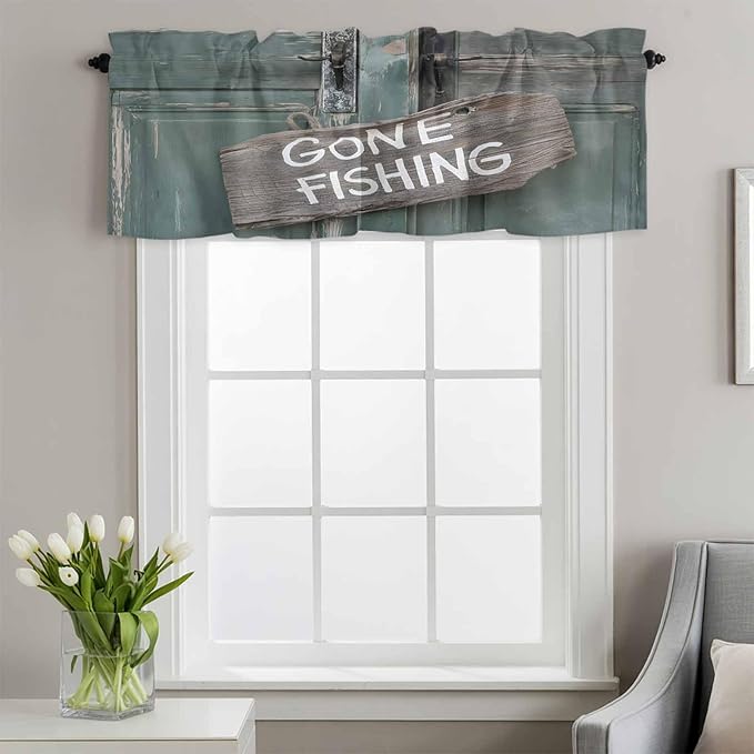 Gone Fishing Valances for Windows, Bronze Wood Grain Kitchen Valance Light Filtering Rod Pocket Short Curtains for Kitchen Bathroom, 1 Panel, 60"x18"
