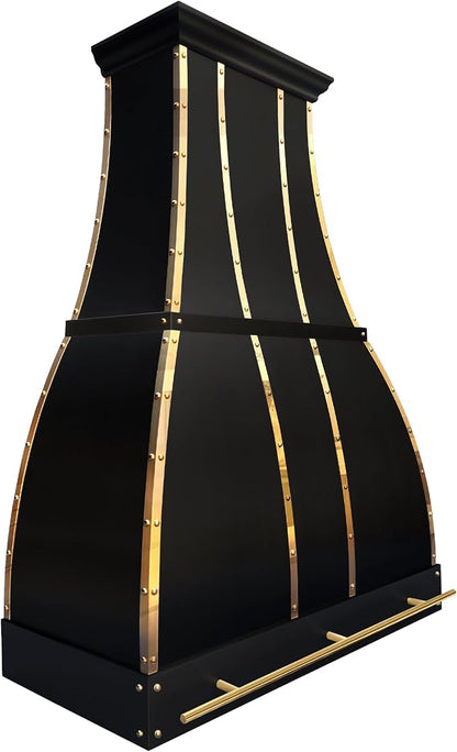 CHETTO C Stainless Steel Range Hood Cover with 4-Speed Vent Hood Insert Custom Handmade Metal Kitchen Fan with Towel Rack LED Light 60"W x21"D x24"H Black Wall Mount