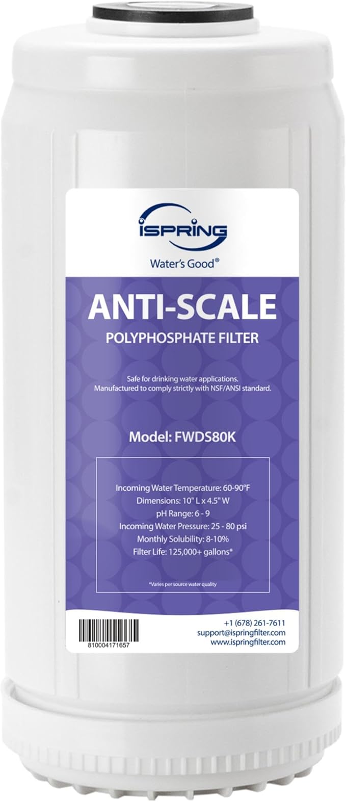 iSpring FWDS80K Anti-Scale Replacement Cartridge for WDS80K Whole House Water Filter, 10" x 4.5", White, Lasts Up to 6 Months, 1-Pack