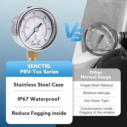 SENCTRL 0-30 Psi Low Pressure Gauge, 2" Dial Size, 1/4 Npt Lower Mount, Waterproof, Stainless Steel Case, for Water Oil Air Pressure Test