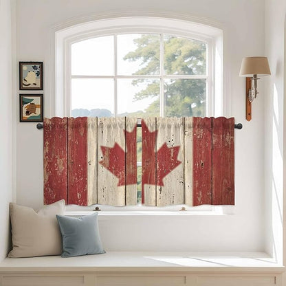 Canada Tier Curtains, Red Maple Leaf Flag Vintage Farmhouse Wooden Grain Light Filtering Kitchen Curtains, 2Pcs Rod Pocket Half Window Treatments Panels for Sink Cafe Cabinet Camper 27.5x24 Inches