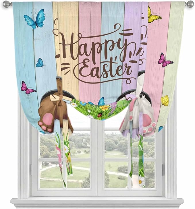 Tie Up Curtains,Happy Easter Rabbit Butt Egg on Daisy Leaf Adjustable Rod Pocket Window Shade Curtain Drape Bufferfly on Wood Barn Tie-Up Valance for Kitchen Bedroom Living Room Windows,34"x45"