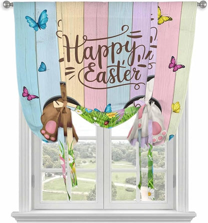 Tie Up Curtains,Happy Easter Rabbit Butt Egg on Daisy Leaf Adjustable Rod Pocket Window Shade Curtain Drape Bufferfly on Wood Barn Tie-Up Valance for Kitchen Bedroom Living Room Windows,52"x45"