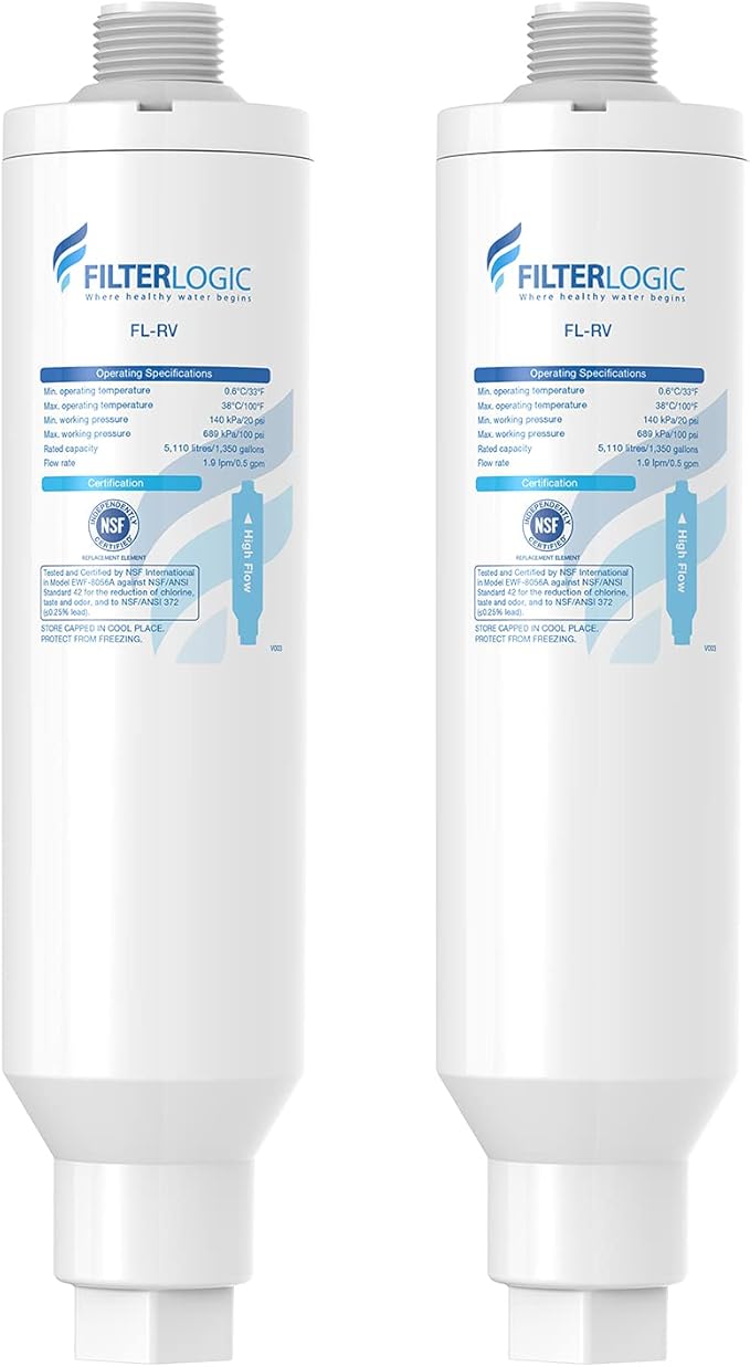 Filterlogic RV & Marine Inline Water Filter for Boats, RVs, NSF Certified, Campers, Gardening, Planting, Trailer or Motor Home KDF Filter, Pack of 2