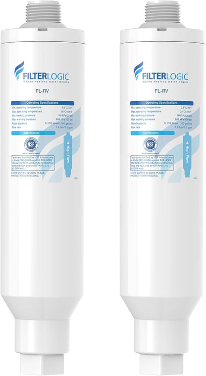 Filterlogic RV & Marine Inline Water Filter for Boats, RVs, NSF Certified, Campers, Gardening, Planting, Trailer or Motor Home KDF Filter, Pack of 2