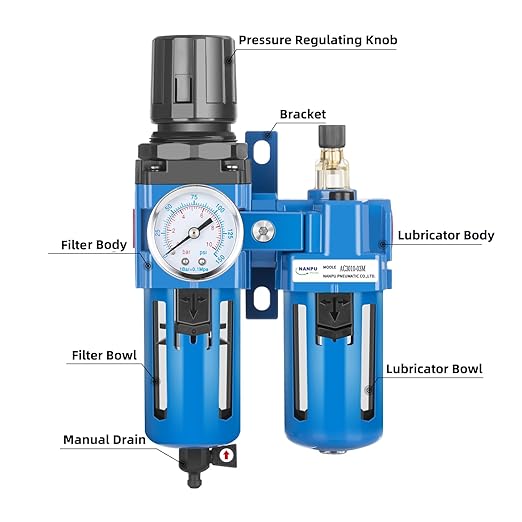NANPU 3/8" NPT Compressed Air Filter Regulator Lubricator Combo, Water/Oil Trap Separator - Gauge(0-150 psi), Poly Bowl, Manual Drain, Bracket - AC3010-03M