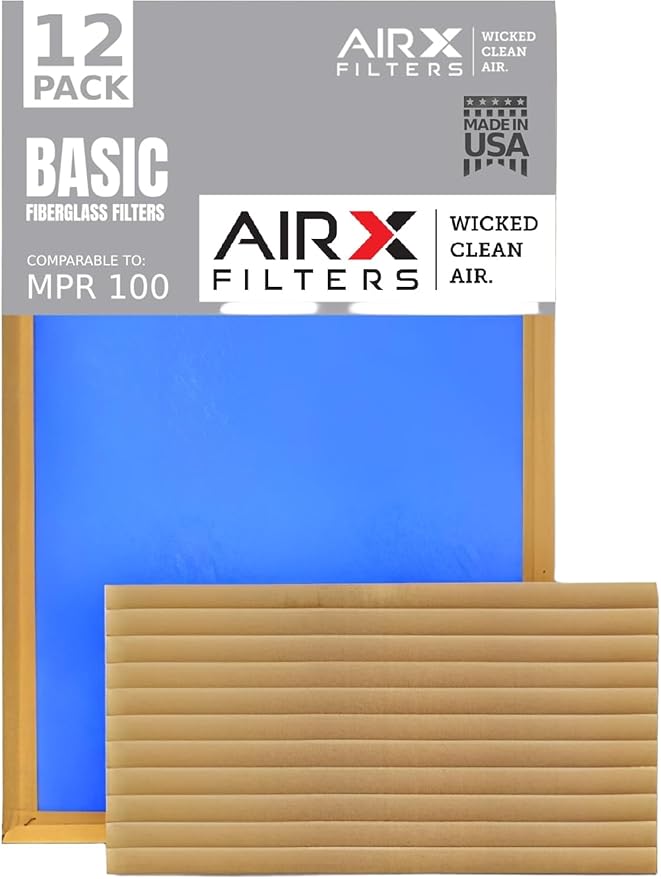 16x24x2 Air Filter Comparable to MPR 100 Basic Economy Furnace Filters, 12 Pack of Non Pleated Fiberglass Filter For Dust - Low Airflow Restriction! From AIRX FILTERS WICKED CLEAN AIR.