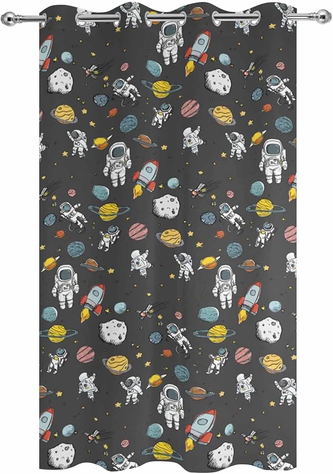 Cartoon Space Outdoor Curtains for Patio Rockets Planets Astronauts Gray Waterproof Outside Curtains with Grommet Top Weatherproof Curtain for Cabana Pergola Gazebo, 1 Panel, 54" W x 95" L