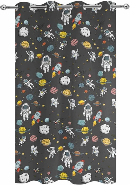 Cartoon Space Outdoor Curtains for Patio Rockets Planets Astronauts Gray Waterproof Outside Curtains with Grommet Top Weatherproof Curtain for Cabana Pergola Gazebo, 1 Panel, 54" W x 95" L