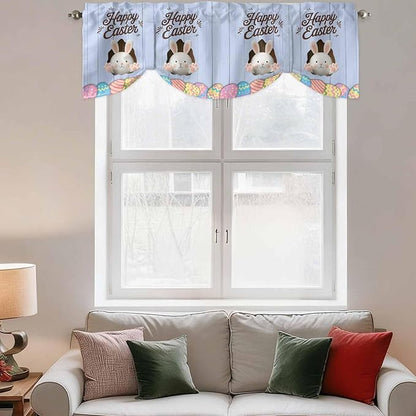 Blue Easter Tie Up Valance Curtains for Windows, Kitchen Curtains Window Shades, Spring Cartoon Bunny Colorful Eggs Wood Grain Light Filtering Roman Curtain Valances for Bedroom/Bathroom/Cafe 54"x18"