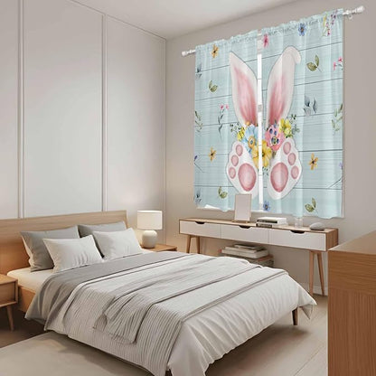 Easter Window Curtains 63 Inch Long 2 Panel Set, Rod Pocket Bedroom Curtains & Drapes, Spring Rabbits Ears Feet Flowers Wooden Grain Light Filtering Window Treatment for Living Room 42"W x 63"L