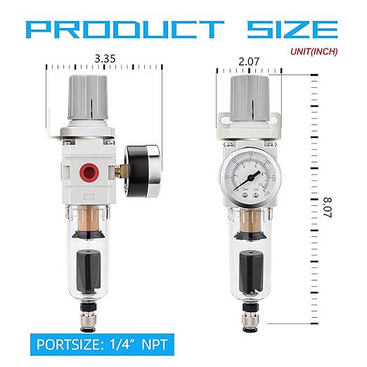 NANPU 1/4" NPT Compressed Air Filter Regulator Combo Piggyback, 5 Micron Brass Element, Poly Bowl, Semi-Auto Drain, Metal Bracket, 0-150 psi Gauge