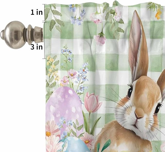 Kitchen Curtains Tiers and Valance Set of 3, Easter Light Filtering Window Curtain Set, Spring Bunny Colorful Eggs Floral Leaves Grey Plaid Rod Pocket Curtain Drapes for Living Room, 24 Inches Tiers