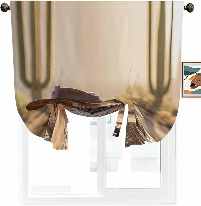 Tie Up Curtains for Windows, Cowboy Western Adjustable Balloon Nature Linen Textured Kitchen Curtain, Cowboy Hats Boots Desert Cacti Vintage Room Darkening Curtains for Glass Door, 42 x 45 in