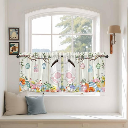 Easter Kitchen Tier Curtains 36 Inch Long 2 Panel Set,Rod Pocket Half Window Curtains Over Sink,Spring Farmhouse Watercolor Bunny Eggs Wood Grain Light Filtering Short Drapes Cafe 27.5"W x 36"L